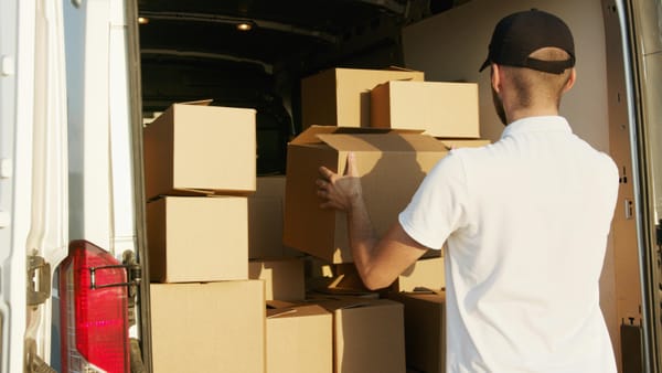 Mitarbeiter belädt Transporter mit Umzugskisten